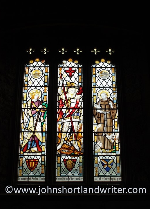 St Salvyn depicted in the left panel of the east window